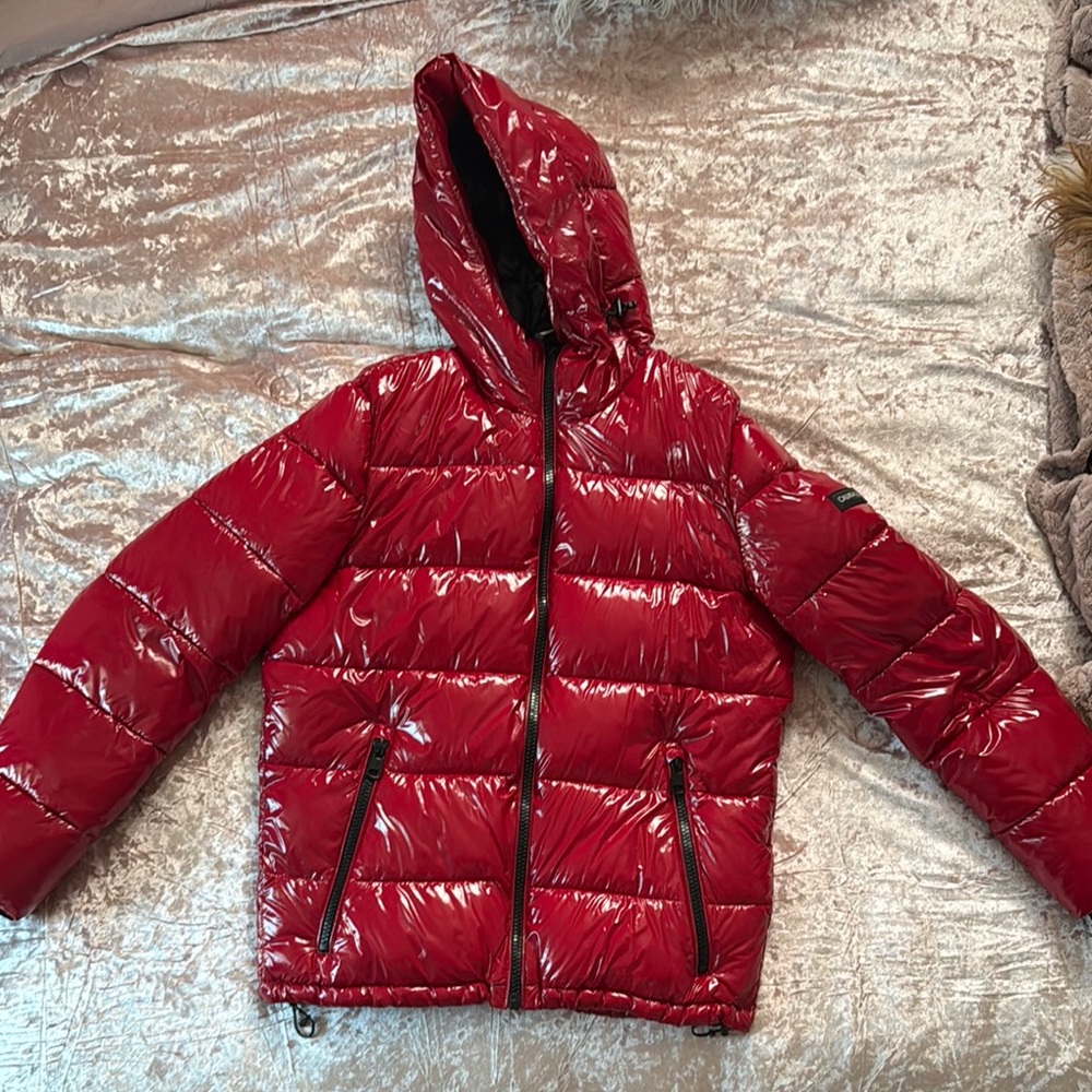 Small Glossy Red Calvin Klein Hooded Puffer Coat